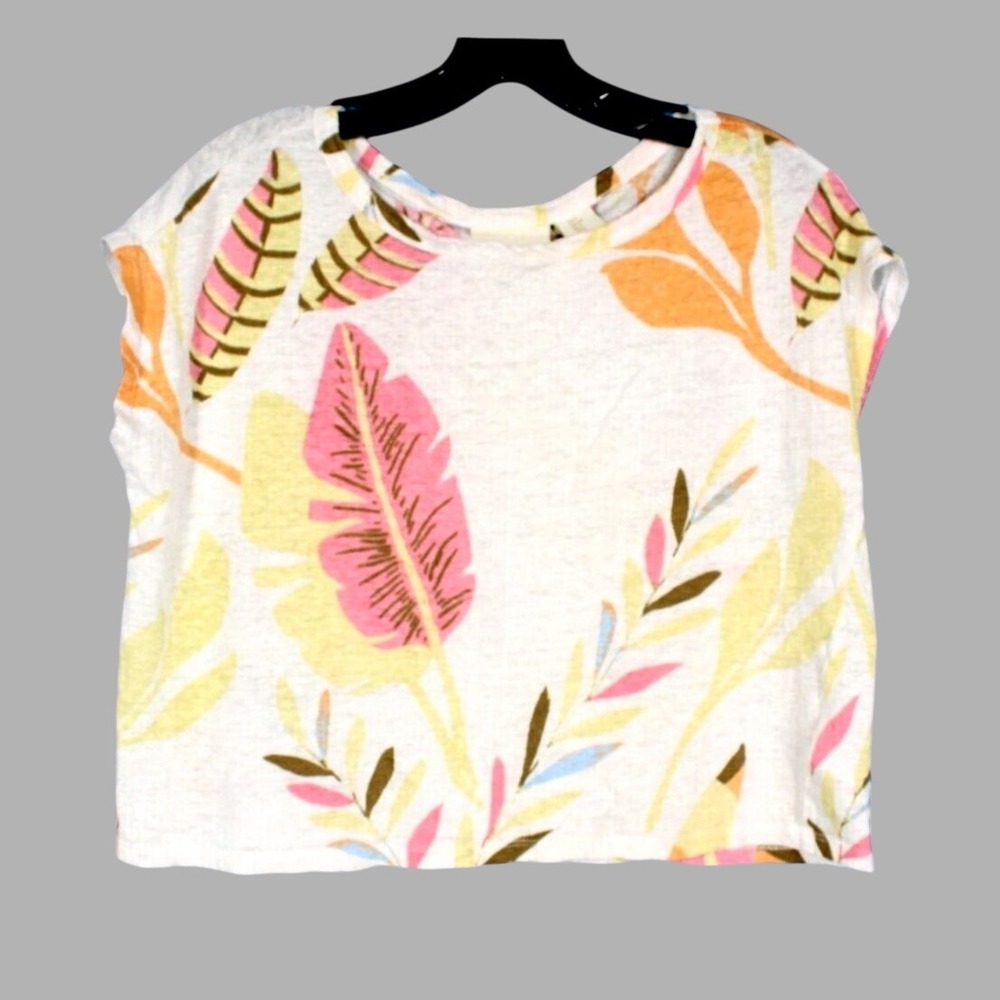 CYNTHIA ROWLEY White/Multi LINEN TROPICAL PRINT Boxy Cropped Blouse/Top Tee S